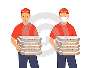Delivery boy holds in hands several pizza boxes