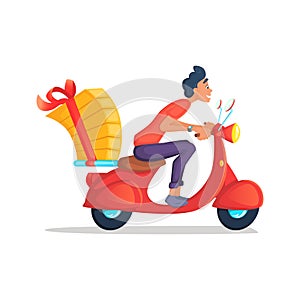 Delivery Boy Ride Scooter Motorcycle Service, Order, Worldwide Shipping, Fast and Free Transport. Cartoon vector