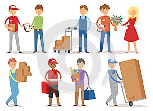 Delivery boy service workers couriers delivering man characters shop mailmen bringing packages holding boxes documents