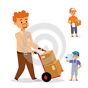 Delivery man boy vector service workers and clients couriers delivering man characters shop mailmen bringing packages