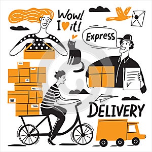 Delivery business doodle style infographic design vector set