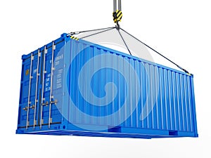 Delivery, cargo, shipping concept - blue cargo container hoisted by crane hook isolated on white