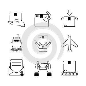 Delivery cargo shipping distribution logistic icons set line style icon