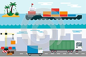 Delivery cargo truck and ship sea transportation vector illustration.