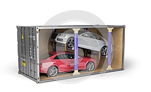 Delivery of cars from auctions Cars loaded into a shipping container 3d render image