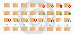 Delivery carton box vector design set. Cardboard box package open and closed with fragile signs. Carton delivery packaging icons