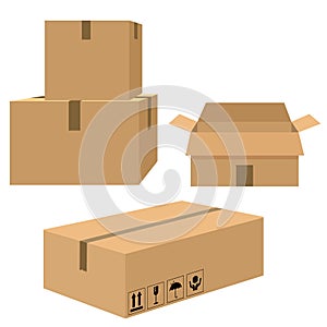Delivery carton containers or mail boxes. Set. Box with fragile signs. Cardboard box mockup set. Open and closed