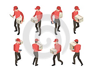 Delivery characters. Couriers with packages boxes cargo service workers in cap and uniform vector delivery people