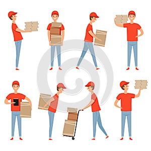 Delivery characters. Pizza food packages loader service man working in warehouse with cartoon boxes. Vector delivery
