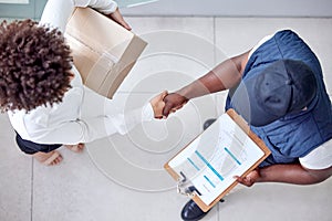Delivery, clipboard and man shaking hands with woman for shipping, logistics and supply chain service. Ecommerce, online