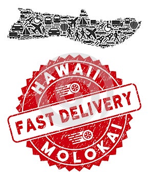 Delivery Collage Molokai Island Map with Scratched Fast Delivery Watermark
