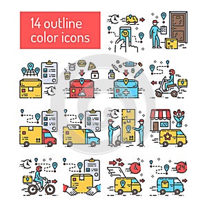 Delivery color line icons set. Freight transport. Express shipping. Courier services. Signs for web page, app. UI UX GUI design