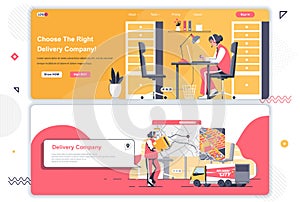 Delivery company landing pages set. Logistics, warehousing and shipping corporate website. Flat vector illustration with