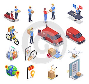 Delivery company set with isometric service icons images of products vans and people on blank background vector