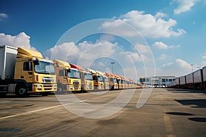 A delivery companys parking lot houses a fleet of trucks for freight transportation
