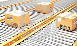 Delivery concept. Cardboard boxes on a conveyor line.