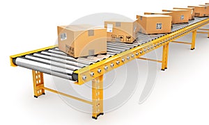 Delivery concept. Cardboard boxes on a conveyor line.