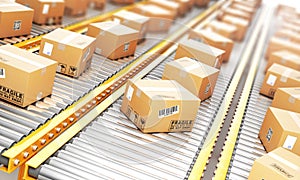 Delivery concept. Cardboard boxes on a conveyor line.