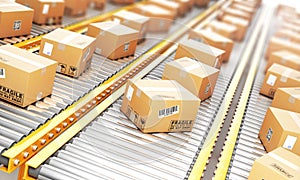 Delivery concept. Cardboard boxes on a conveyor line. photo