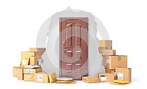 Delivery concept. Cardboard boxes and mail packages near door on a white background.