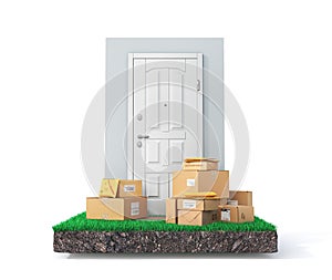 Delivery concept. Cardboard boxes and mail packages near door on a white background.