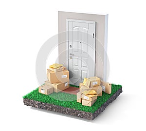 Delivery concept. Cardboard boxes and mail packages near door on a white background.