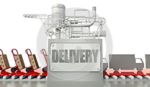 Delivery concept, cardboard boxes and trucks