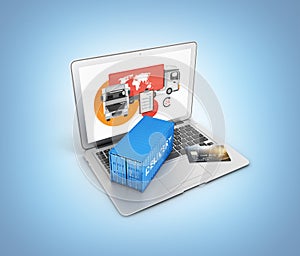 Delivery concept Cargo container with a credit card placed on a laptop isolated on blue gradient background 3d