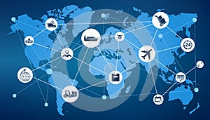 Delivery concept with connected logistics set icons, freight customs in the world, international free trade, shipping signs, world