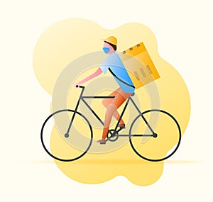 Delivery concept with delivery man in medical mask on a bicycle. Vector illustration for delivery, logistics, comerce, service