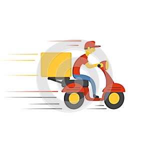 Delivery concept design. Boy ride scooter motorcycle with box. Vector