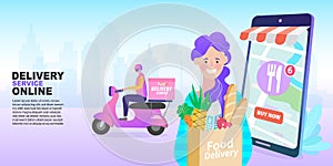 Delivery concept. Man Delivering Online with Grocery order from smart phone. Shopping on social networks through phone flat design