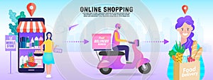 Delivery concept. Man Delivering Online with Grocery order from smart phone. Shopping on social networks through phone flat design