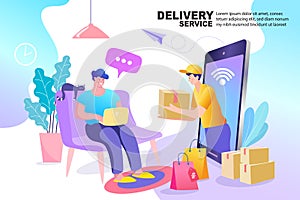 Delivery concept. Man Delivering Online with Grocery order from smart phone. Shopping on social networks through phone flat design