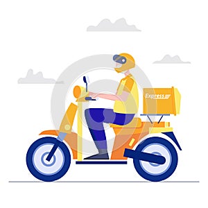 Delivery concept. Man riding motorcycle deliver service flat character abstract people vector