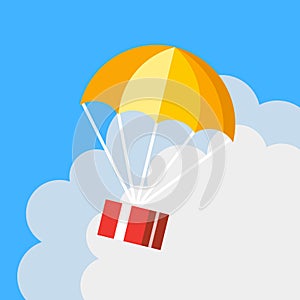 Delivery concept, parachute icon. Gift box flying in blue sky