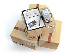 Delivery concept. Parcel cardbox clipboard with receiving form a