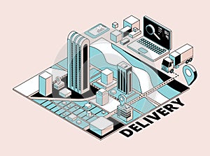 Delivery concept. Retro isometric logistic planning, city and transportation. Truck, laptop, town mockup vector concept