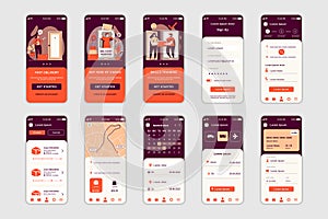 Delivery concept screens set for mobile app template. People use fast shipping services, tracking and online payment. UI, UX, GUI