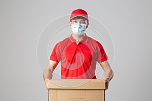 Delivery Concept - Set of Portrait of Asian delivery man with face mask in red cloth holding a box package