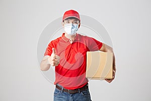 Delivery Concept - Set of Portrait of Asian delivery man with face mask in red cloth holding a box package