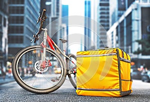 Delivery concept. Thermal backpack for contactless food delivery to customers home with bike. Online ordering food. 3d