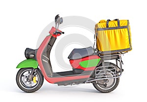 Delivery concept. Thermal backpack for contactless food delivery to customers home with e-moped.