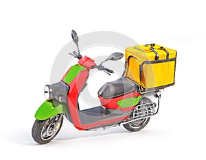 Delivery concept. Thermal backpack for contactless food delivery to customers home with e-moped.