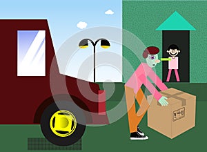 Dodávka nákladní auto a muž krabice dodat produkty na adresa 