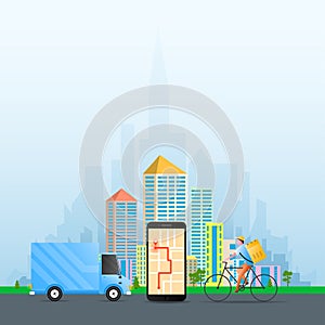 Delivery concept with van, mobile and bicycle delivery man. Vector illustration for delivery, logistics, comerce, service concept.