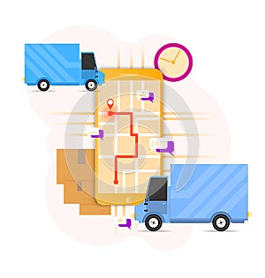 Delivery concept with vans and mobile. Vector illustration for delivery, logistics, comerce, service concept.