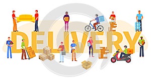 Delivery concept vector illustration isolated, delivery service workers and various goods.