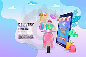 Delivery concept website landing page. Young delivery man sitting on a scooter