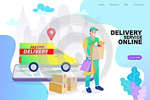 Delivery concept website landing page. Young delivery man sitting on a truck